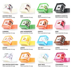 Variety of 16 natural 100g handmade essential oil soaps in 4x4 grid layout
