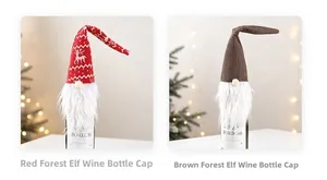 Detailed view of forest gnome wine bottle covers with reindeer prints and faux beards