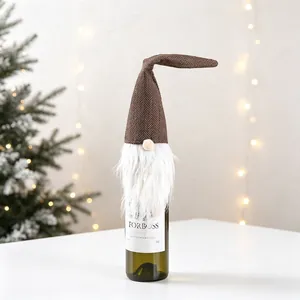 Christmas gnome wine bottle cover with brown herringbone hat and white plush beard