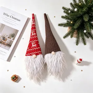 Two Christmas gnome wine bottle covers with reindeer print and white faux fur beards
