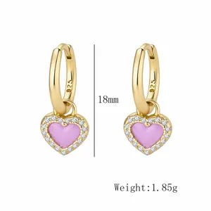 Détails de boucles d'oreilles en argent 925 doré avec cœur rose et pierres zircon