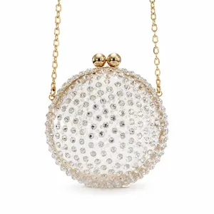 Sparkling sphere evening clutch bag with rhinestones and gold chain for parties