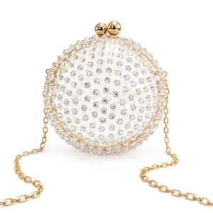 Luxurious spherical acrylic evening clutch with sparkling rhinestones and gold chain strap