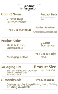 Specifications of acrylic evening clutch bag showing 18x12x4.5cm size and 690g weight