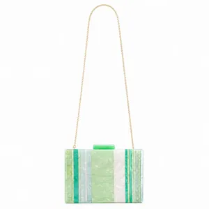 Green and white striped acrylic evening bag with gold chain strap for weddings
