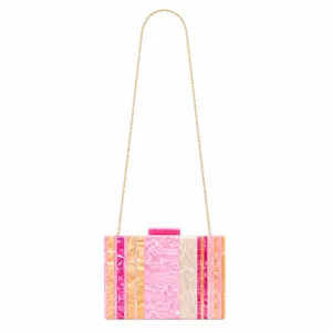 Chic acrylic clutch bag with pink orange white stripes and gold chain strap