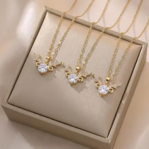 Deer Antler Pendant Necklace Stainless Steel Round Zircon Dainty Chic Simple Jewelry For Women
