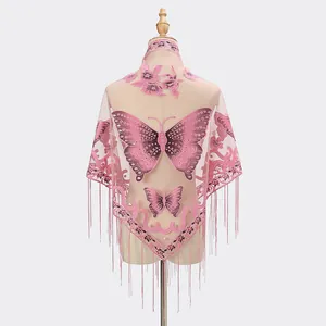 Elegant pink lace shawl with butterfly embroidery and tassel fringe for women