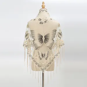 Elegant beige lace shawl with butterfly floral embroidery and long tassel trim for women