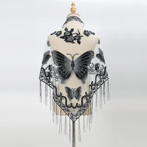 Women Lace Triangle Scarf Butterfly Embroidery Hollow Out Tassel Mesh Shawl Elegant Vintage Wrap