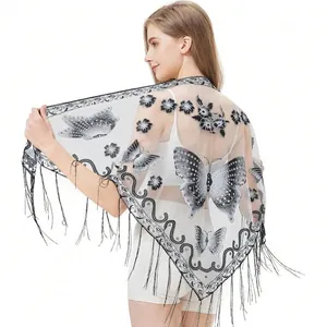 Elegant white mesh shawl featuring black butterfly floral embroidery and delicate fringe