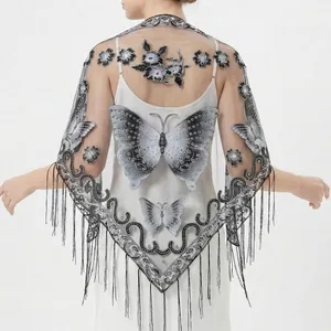 Elegant black lace triangle shawl with white butterfly embroidery and long tassel trim
