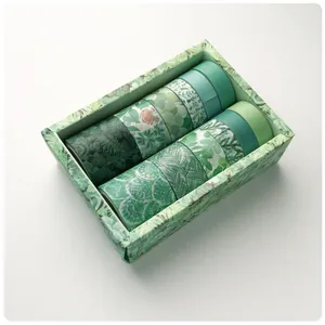 Set of 10 green forest washi tape rolls with floral patterns in a decorative box