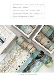 Detail of 10-roll gold foil washi tape set with geometric patterns and various widths
