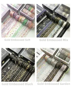 Detailed view of four bronzing washi tape gift sets with diverse floral patterns