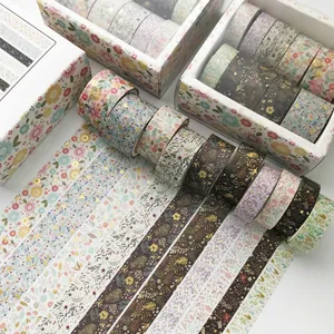 Floral washi tape set with gold foil detailing for DIY journaling and crafts