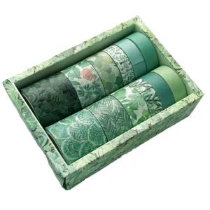 Green forest botanical washi tape set with 10 rolls in a premium floral gift box