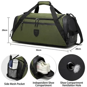 Sac de sport vert armée 56x28x28cm avec compartiment chaussures et poches filet latérales