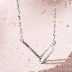 Minimalist geometric bar and oval ring pendant necklace in silver finish with O-chain link