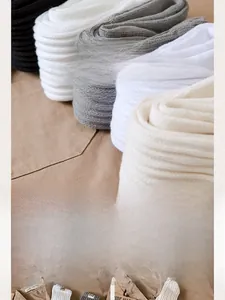 Detail of high-density cotton socks with vertical knit texture and elastic cuffs