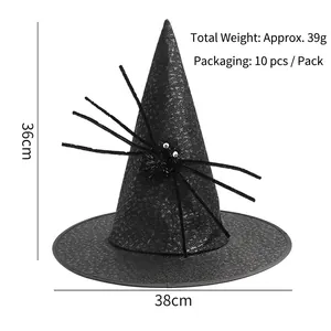 Detail view of a 36cm black Halloween witch hat with silver stars and a plush spider