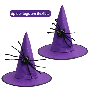 Detail of Halloween witch hat with flexible plush spider legs and embossed texture