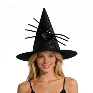 Halloween black witch hat with shiny spider decoration and wide brim for parties