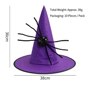 Detail view of purple Halloween wizard hat with silver stars and black plush spider ornament