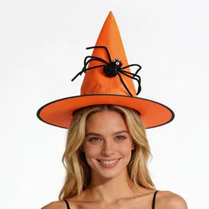 Close-up of orange Halloween witch hat with black plush spider decoration on a model