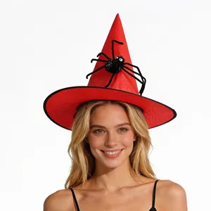 Red Halloween witch hat for adults featuring a fuzzy black spider on a white background