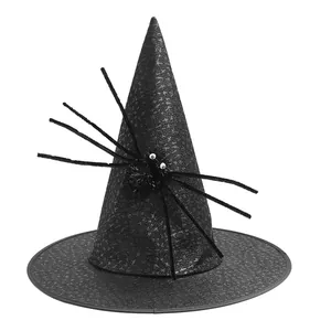 Halloween black wizard hat with sparkling star patterns and a fuzzy spider decoration