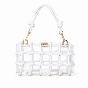 Chic acrylic handbag with white woven grid and gold metallic hardware for women