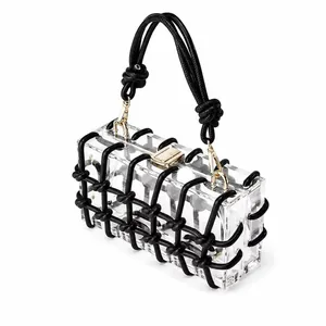 Modern transparent acrylic handbag with black knotted rope grid and gold metal hardware