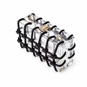 Transparent acrylic clutch bag with black rope detail and gold metal hardware for evening