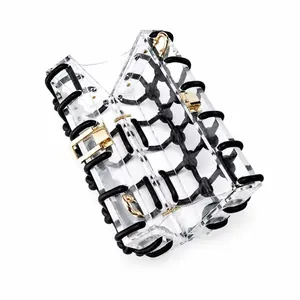 Macro detail of acrylic handbag with black mesh rope overlay and gold metal hardware