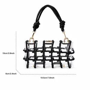 Detailed view of acrylic evening bag dimensions and black rope cage design