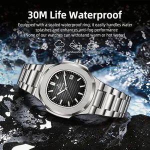 Men's slim quartz steel watch with black textured dial and 30M waterproof rating