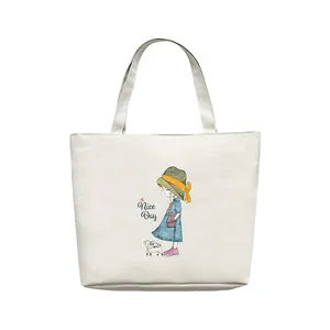 Large capacity canvas tote bag with cute cartoon girl print and Nice Day text