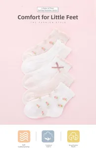 Detail of 5 pairs of breathable mesh cotton girl socks with floral patterns and lace trim