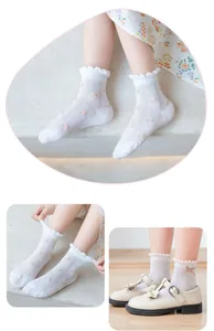 Close-up of girls summer mesh socks featuring floral patterns and lace cuff details