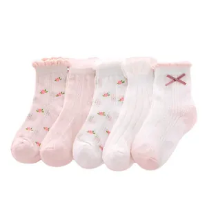 5-pack girls mesh knee high socks with floral embroidery and lace ruffles in pink and white