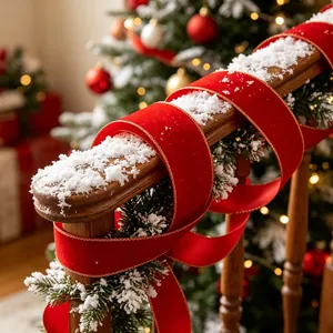 Close-up of red velvet Christmas ribbon with gold edges on a snowy staircase railing