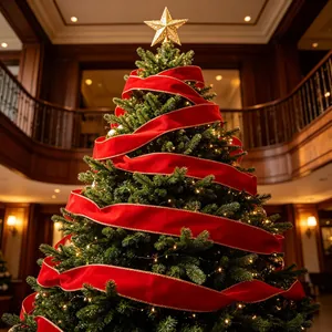 Luxurious Christmas tree with red velvet ribbon, golden star topper, and warm LED lights