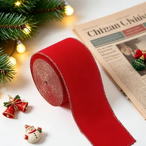 5-yard red velvet Christmas ribbon with gold wired edges for gift wrapping and tree decor