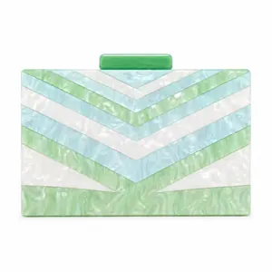 Chic chevron acrylic clutch bag in mint green and white with marble texture and chain