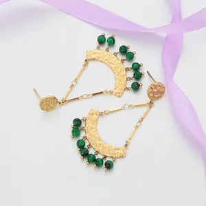 Bohemian gold fan-shaped drop earrings with green malachite beads and hammered metal texture