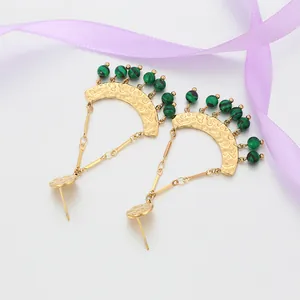 Bohemian gold stainless steel earrings with crescent plates and green malachite beads