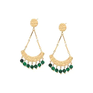 Bohemian gold hammered texture earrings with green malachite-style beaded tassels