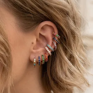 Colorful Zircon Huggie Hoop Earrings In 18K Gold Plated Copper With 925 Sterling Silver Earring Post For Women Fashion