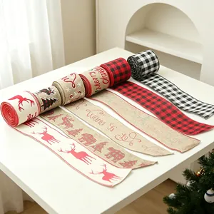 5-roll Christmas burlap ribbon set with reindeer, plaid patterns and Merry Christmas text